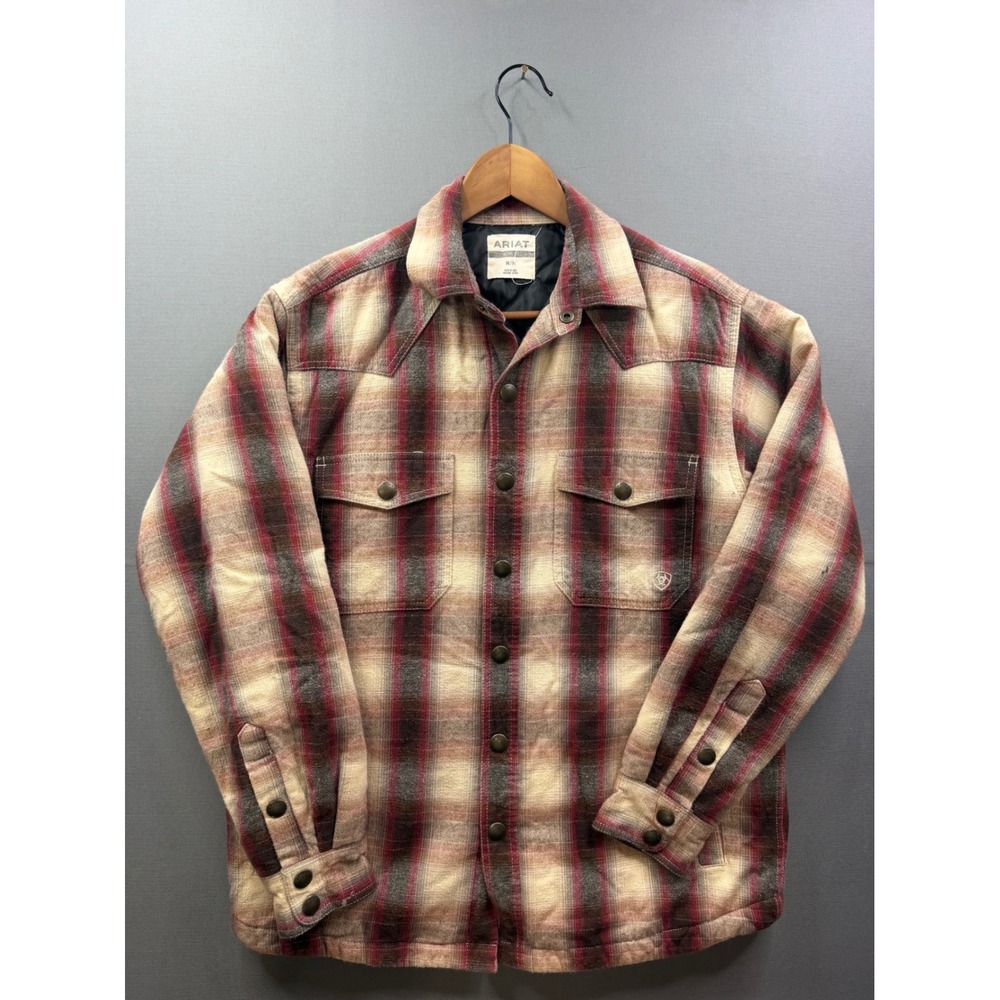 Ariat Flannel Shirt Jacket Mens Red Plaid Retro Fit Quilted Lining Medium